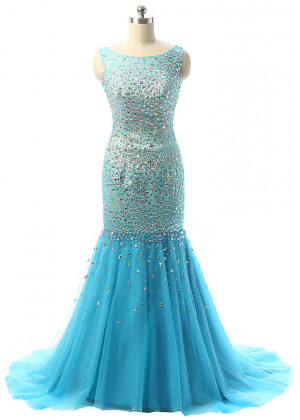 Blue Tulle Beads Backless Mermaid Long Prom Dress